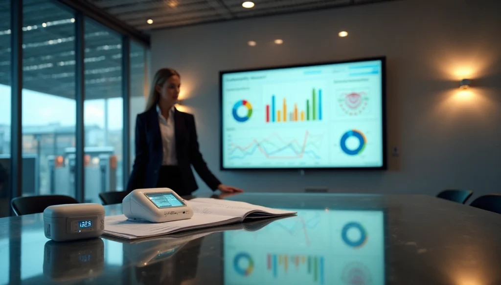 Businesswoman presenting sustainability and energy consumption data on a screen in a modern conference room.
